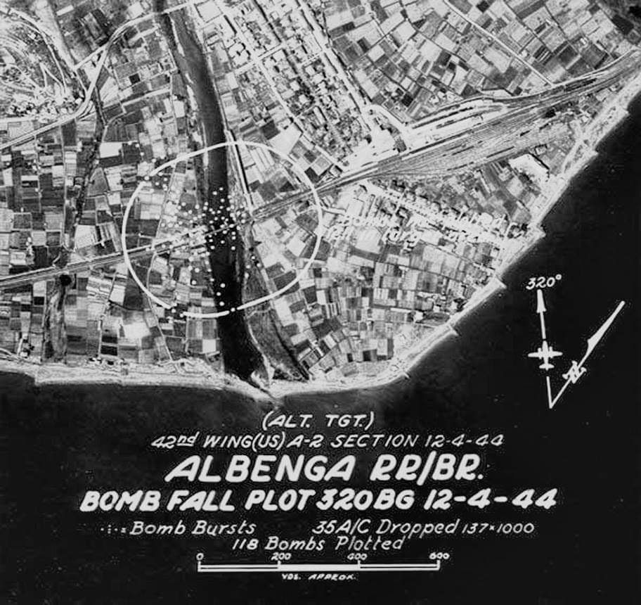 Bomb damage assessment image for the 320th Bomb Group attack at Albenga, Italy, on 12 April 1944