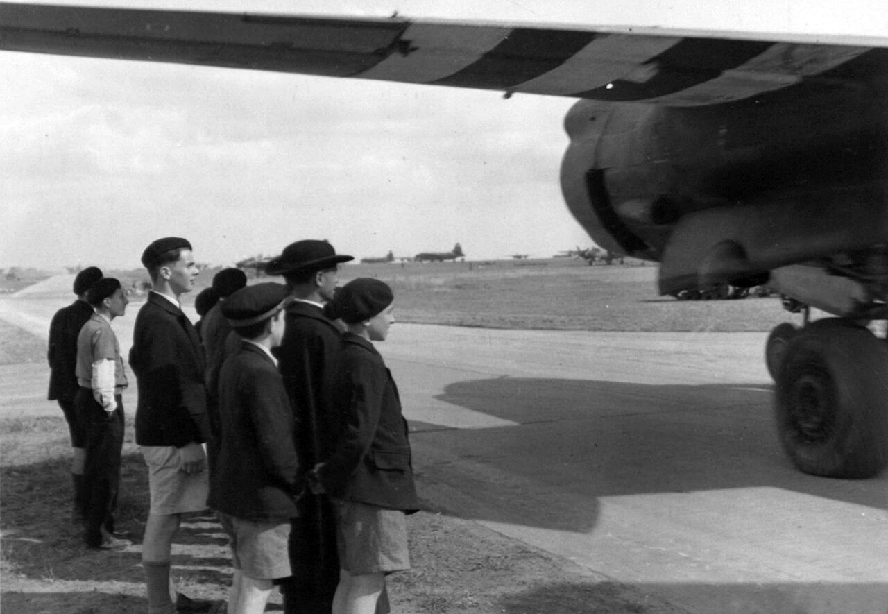 French civilians and students watching a B-26 Marauder at Chartres airfield in 1944