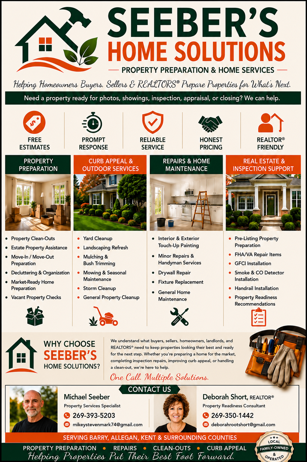 Seeber's Home Solutions flyer showing property preparation, curb appeal, repairs, maintenance, and inspection support services