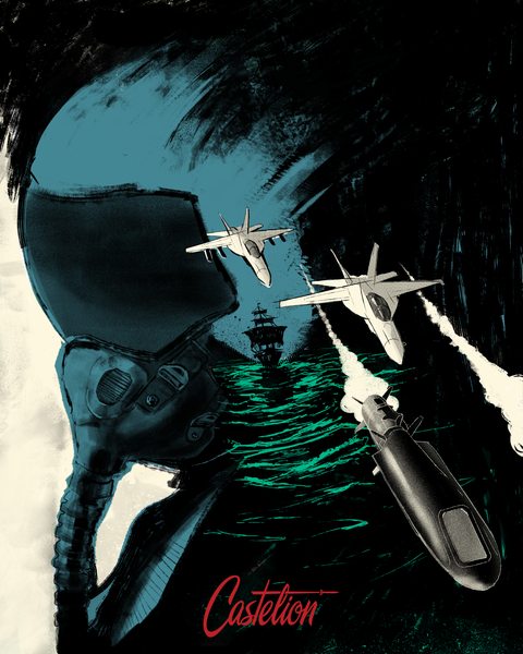 Stylized Castelion illustration of aircraft and a missile over the sea.