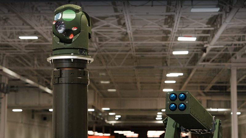 VAMPIRE sensor mast and four-tube launcher displayed inside an industrial building.