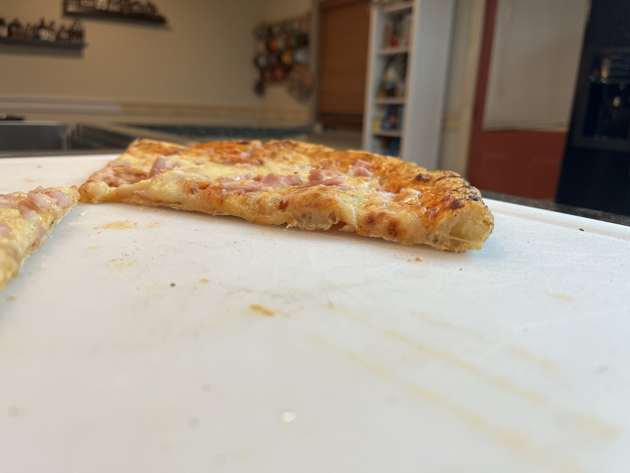 A side view of a pizza slice showing its raised crust and air pockets.
